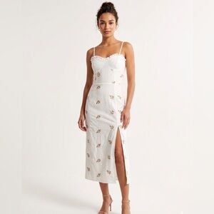 White Floral Embroidered Spaghetti-Strap Midi Dress with Side Slit